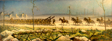 Une peinture d'hommes montant à cheval sur un chemin de terre exposée au Musée canadien de la guerre à Ottawa.