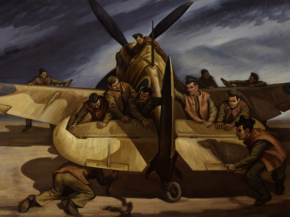 Une peinture d'hommes travaillant dans un avion au Musée canadien de la guerre à Ottawa.