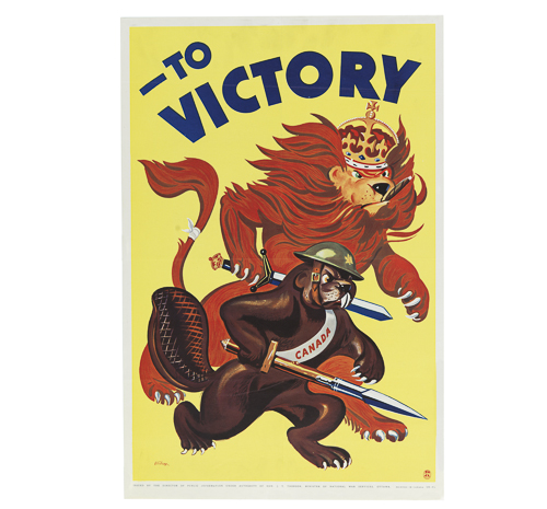 Une affiche représentant un ours et un lion, exposée au Musée canadien de la guerre à Ottawa.