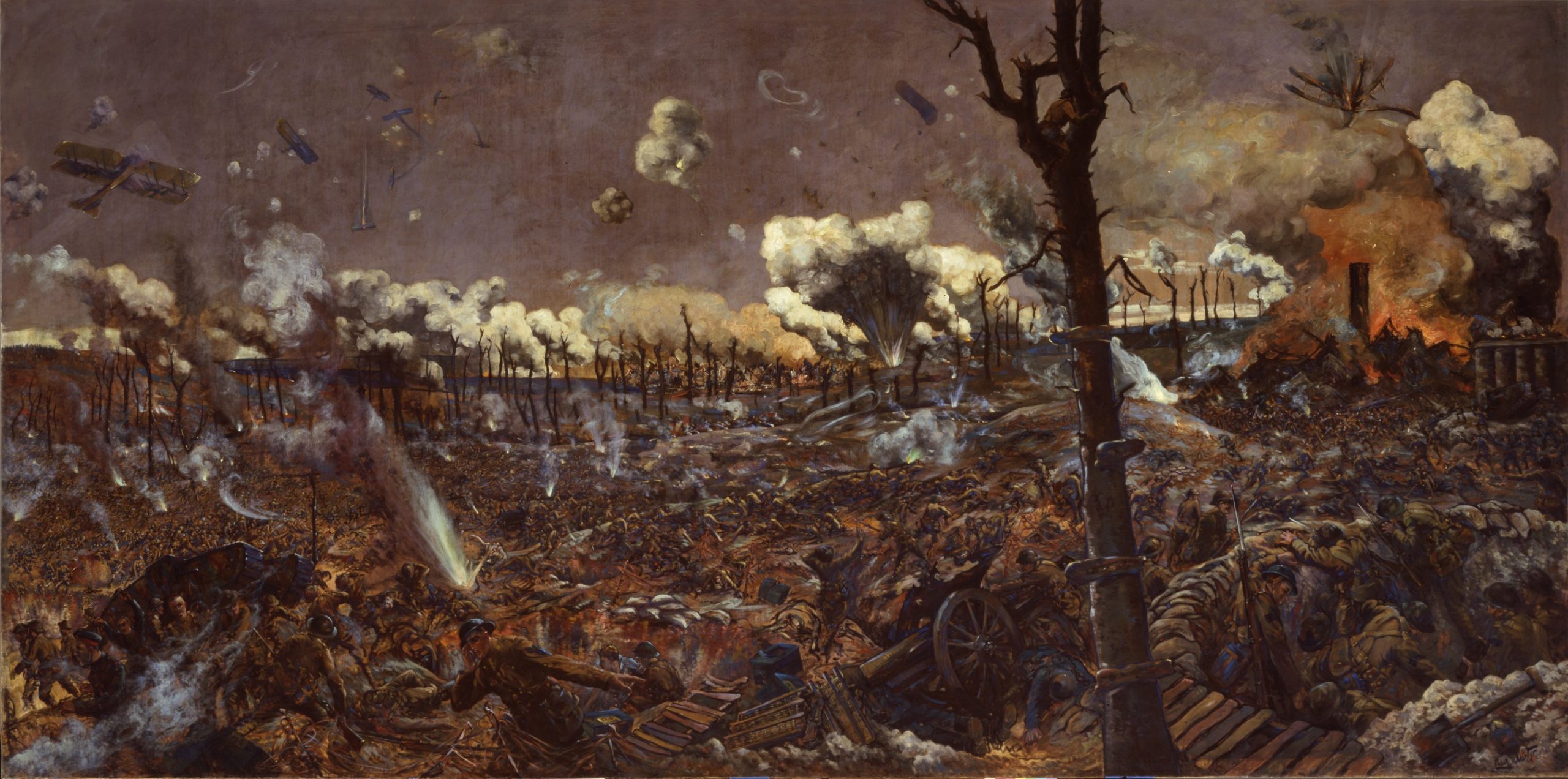 A painting of a battle scene with smoke and fire, displayed at the Canadian War Museum in Ottawa.