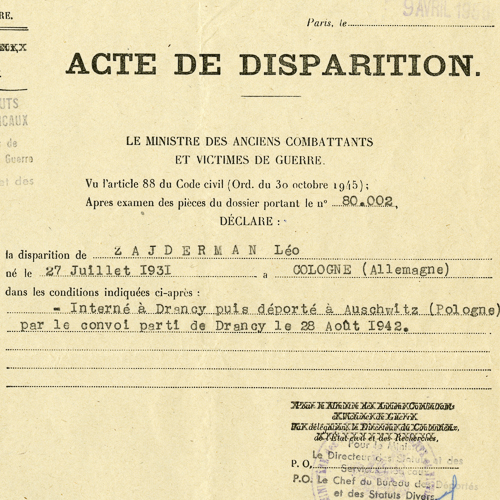 Un document contenant les mots « acte de disparition » se trouve au Musée canadien de la guerre à Ottawa.