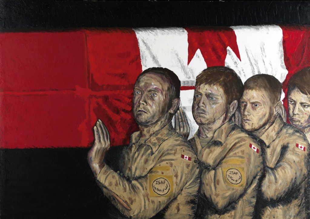 Une peinture représentant un groupe d'hommes tenant un drapeau canadien exposée au Musée canadien de la guerre à Ottawa.