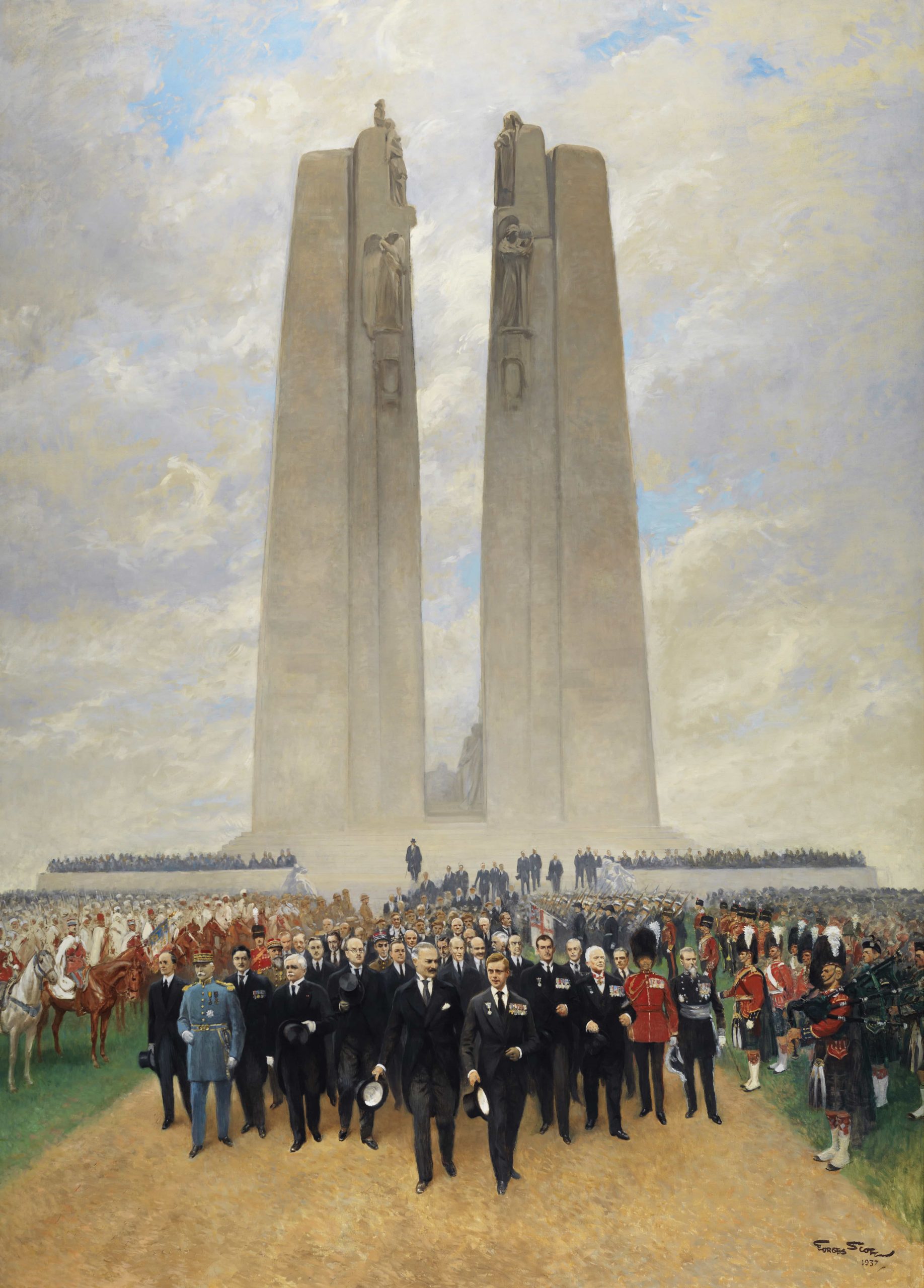 Une peinture représentant un groupe de personnes debout devant deux monuments à Ottawa.