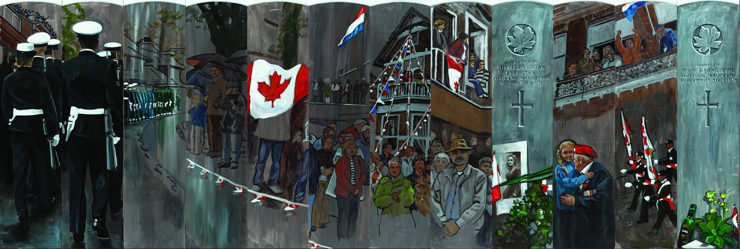 Une peinture représentant un groupe de personnes dans une rue d'Ottawa, près du Musée canadien de la guerre.