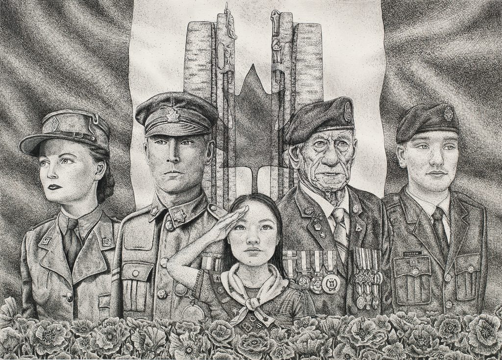 Un dessin en noir et blanc d'un groupe de personnes en uniforme au Musée canadien de la guerre à Ottawa.