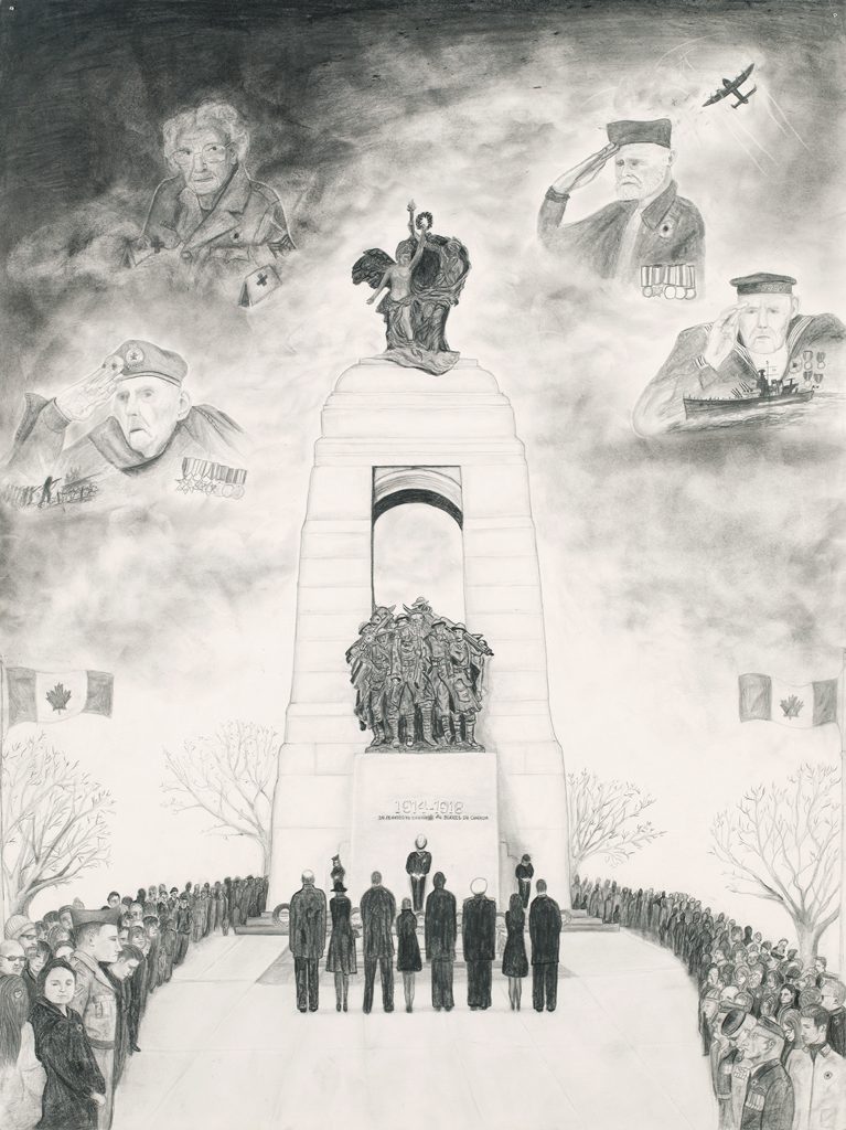 Un dessin en noir et blanc d'un groupe de personnes devant un monument à Ottawa, près du Musée canadien de la guerre.